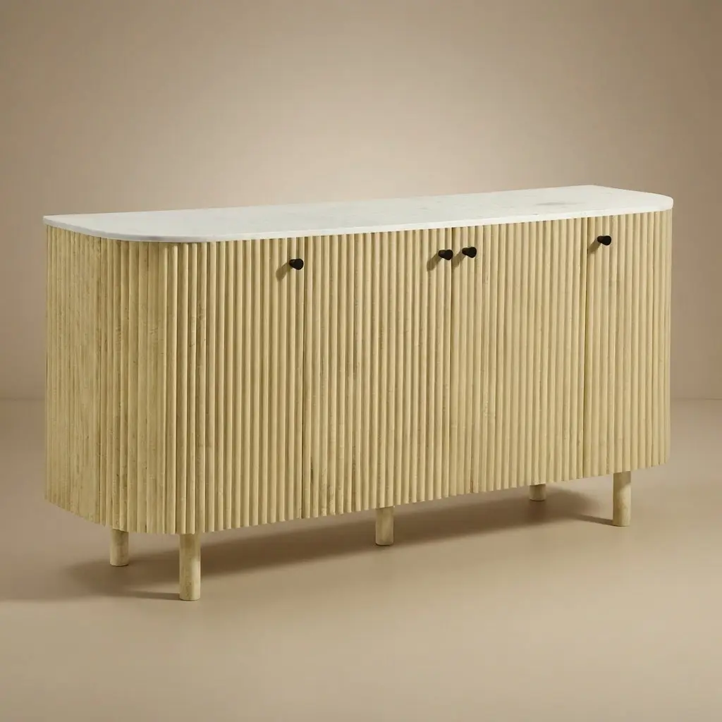 Caldera 60" Curved Solid Wood and Marble Sideboard Storage Cabinet by Modway