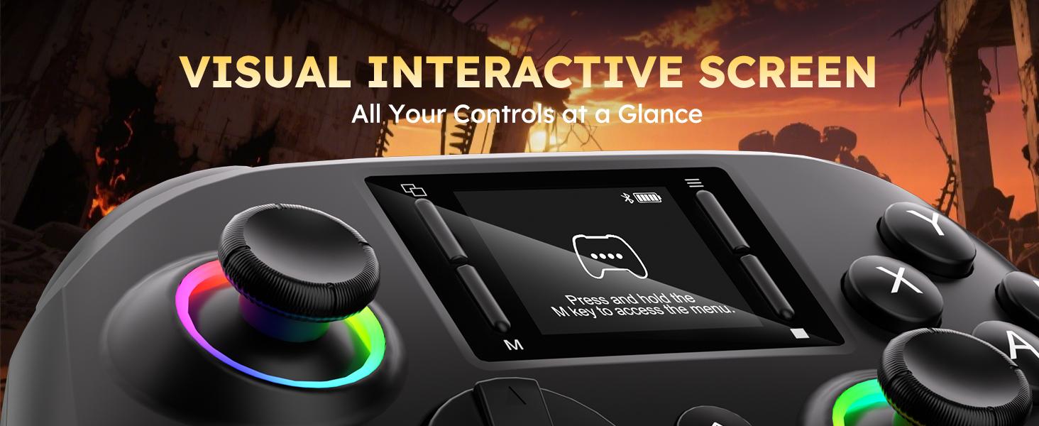 Interactive Screen Wireless Gaming Controller for PC/PS4/Switch/Android/iOS, Gamepad with Phone Clip for Gamers,4 Programmable/Turbo/6-axis Gyro/Dual Vibration/RGB Lighting/Wake-up/Wake-up/1000mAh