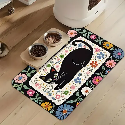 Bohemian Vintage Floral Cat Design Rubber Pet Feeding Mat, Animal Feeding Supply, Absorbent, anti-slip, quick-drying, soft, multi-sized, easy-to-clean, waterproof, stain-resistant, suitable for dogs, cats, perfect for home use, ideal gift for pets