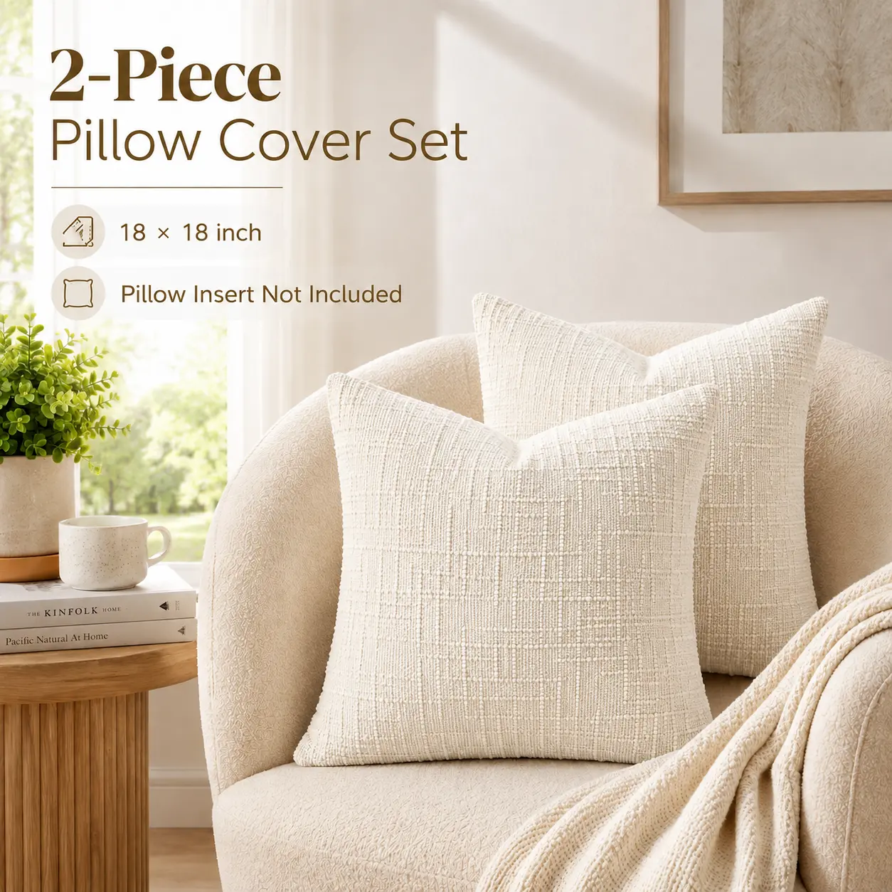 2-Pack 18x18 in Solid Chenille Pillow Covers, Cozy Woven Texture Couch Cushion Covers for Sofa, Farmhouse Rustic Style Decorative Cushion Shells, Living Room Decor Home Supplies