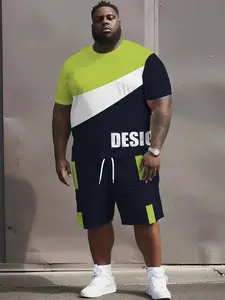 Men's Two-Piece Set, Casual Short Sleeve Suit, Fluorescent Geometric Colorblock, Letter Print, Summer, Daily Wear