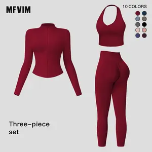 MFVIM Women's 2-Piece Solid Criss Cross Crop Tank Top, High Waist Leggings & Zip Up Crop Jacket Sweatsuit Set, Breathable Textured Thermal Lined Activewear for Yoga Gym, Women's Clothes Outfits Workout Sets