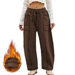 Songling Women's Barrel-Shaped Sweatpants Fleece-Lined Thermal Relaxed Wide-Leg Pants Drawstring Travel Pants Casual Fall Outfit 2025 Cotton Fabric Womenswear Adjustable