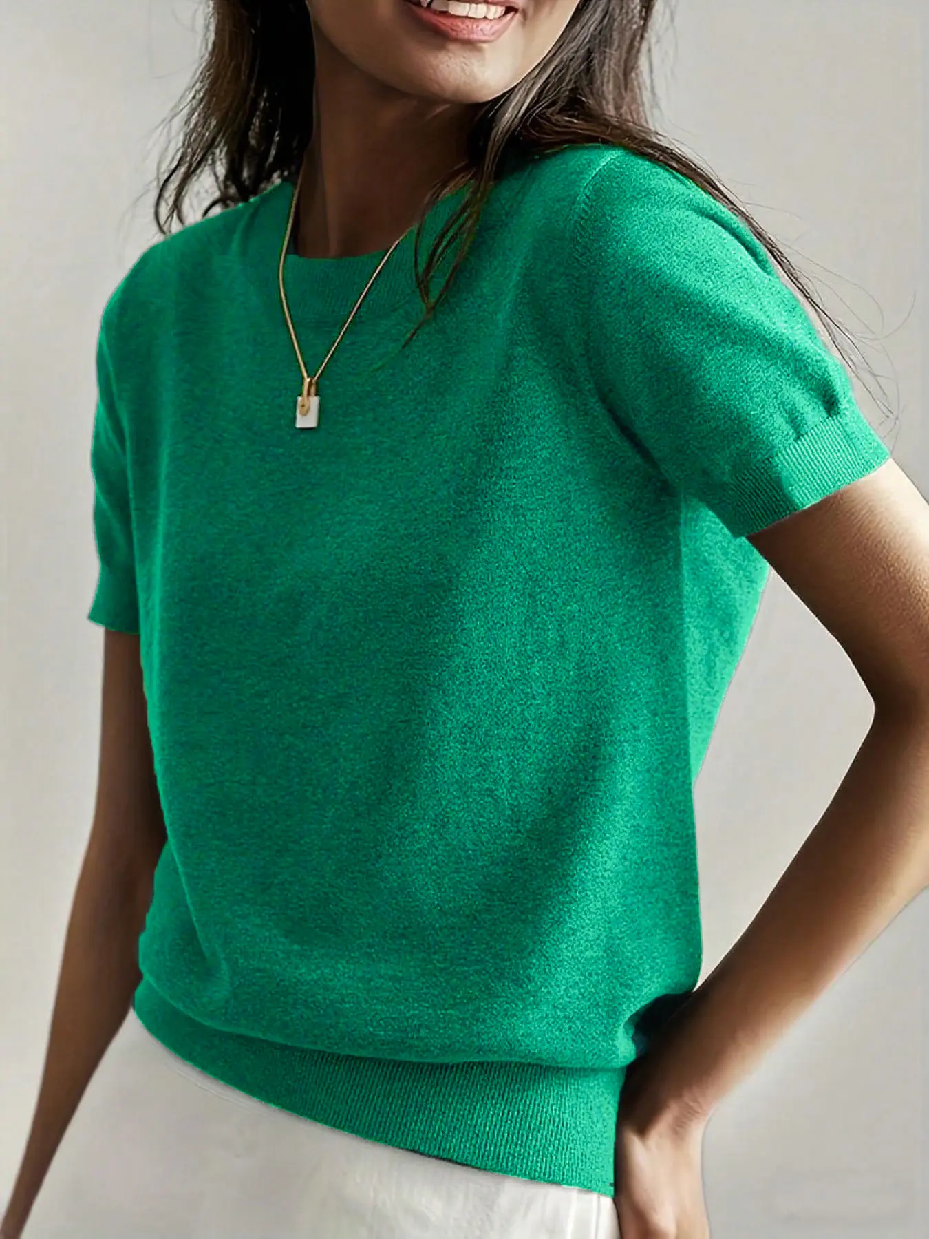 Women's Casual Basic Loose-Fitting Short Sleeve Sweater, Round Neck Knit Top for Spring & Fall, Solid Color Pullover, Knitwear, Knitting, Womenswear