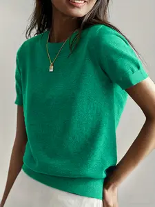 Women's Casual Basic Loose-Fitting Short Sleeve Sweater, Round Neck Knit Top for Spring & Fall, Solid Color Pullover, Knitwear