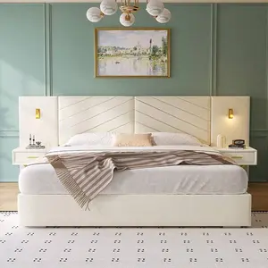 Luxury King/Queen Bed Frame With Built-In LED Lights, Modern King/Queen Size Bed Frame With Nightstands, King/Queen Size Platform Bed With Upholstered Headboard, Bed Room Set Furnitures, Cama King Size, Black And Gold Bed Frame, No Box Spring, Easy