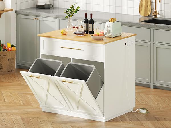 DWVO Square Kitchen Island with Double Tilt Out Trash Can Storage Cabinet, Rolling Portable Islands Table w Power Outlet Wheel Drawer Hidden 10 Gallon Garbage Bin Storage, White Oak