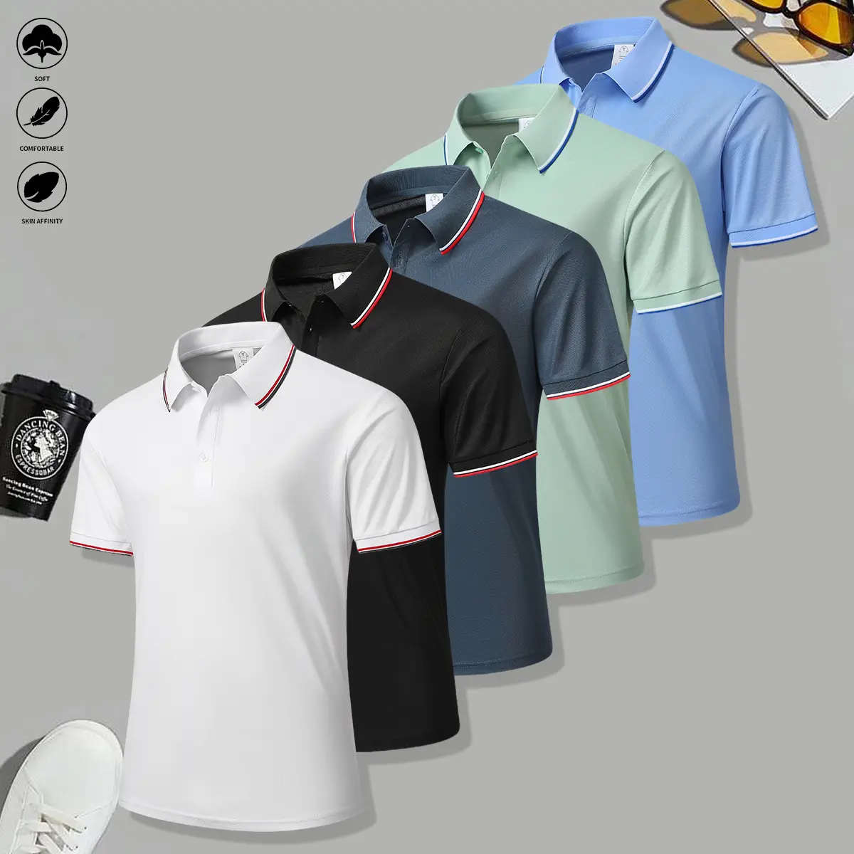 White + black + gray + light green + light blue