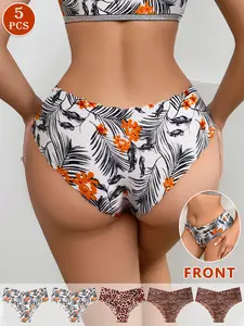 5-pack leopard print floral women's thong underwear Panties, soft and fitted, suitable for yoga, fitness, dance, and daily activities in autumn and winter. Can be worn as women's lingerie or underwear for Christmas, Valentine's Day, and Halloween.
