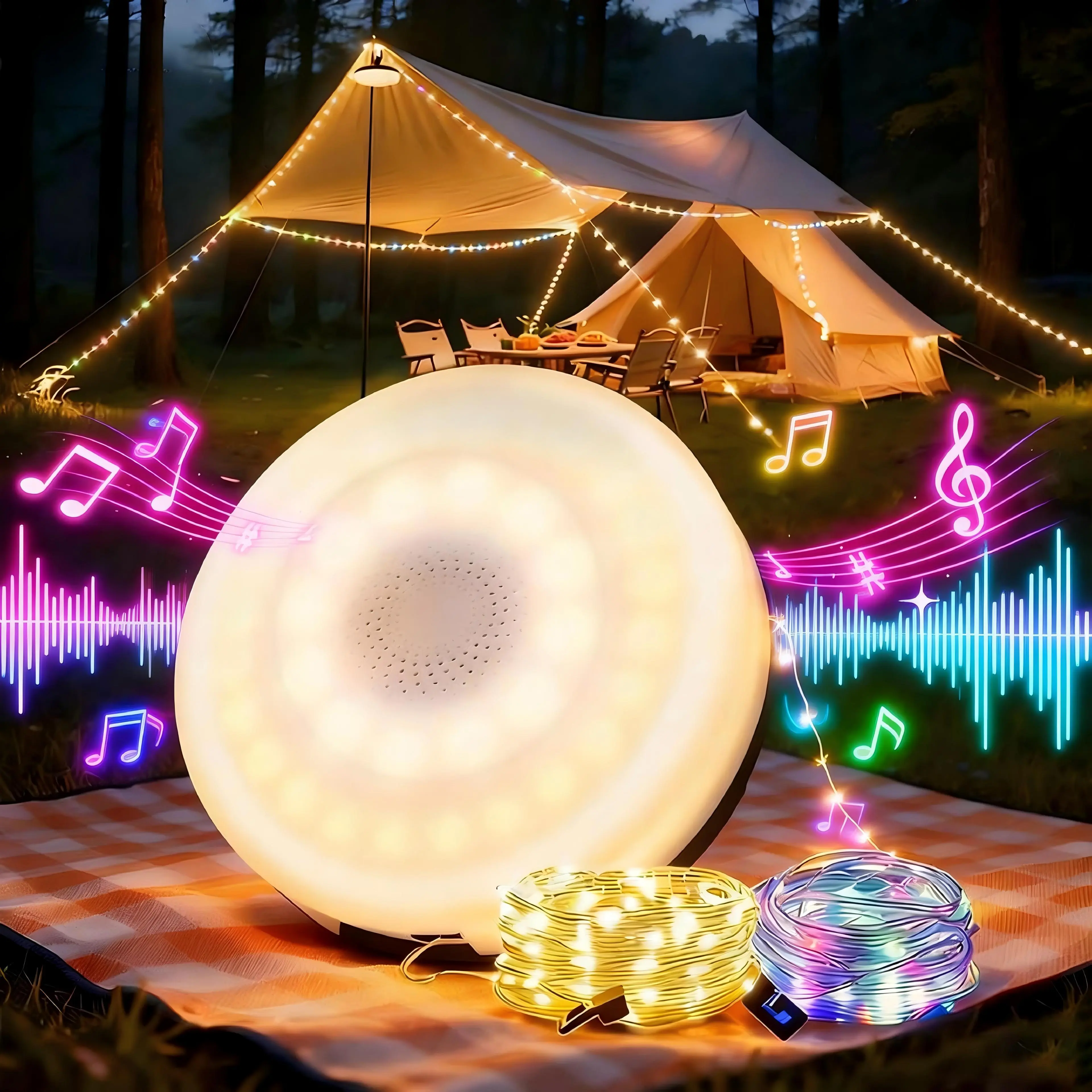 YOYOWAY Camping Speaker Light with 7 RGB Rhythm Modes, Smart Bluetooth WiFi LED Strip, Batteries Included – for Camping Tent, Yard Use, Holiday Christmas Gifts