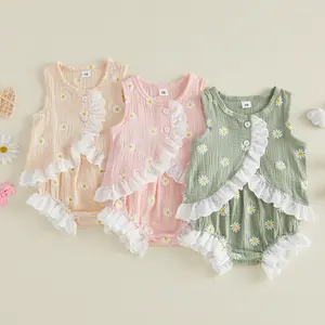[Lullaby] Toddler Baby Girl Summer Outfit Casual Daisy Print Ruffled Trim Button Crew Neck Sleeveless Tops and Shorts 2 Pcs Set