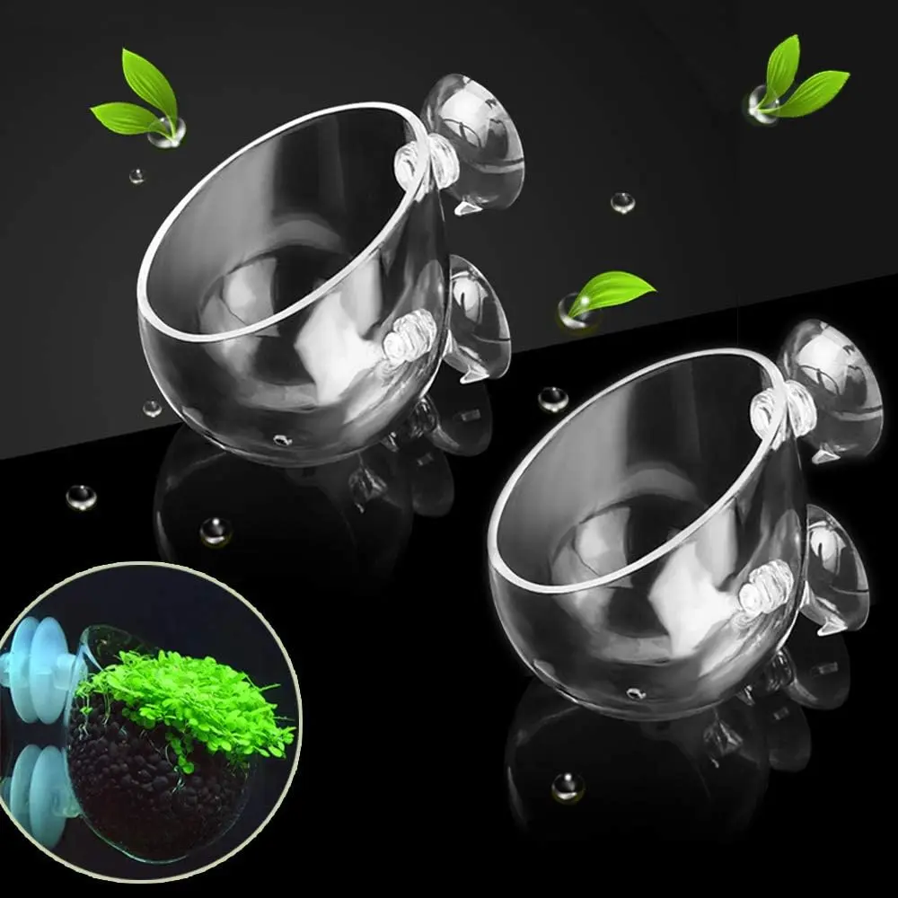 Pack of 2 Crystal Glass Aquatic Plant Pot with 4pcs Suction Cups Kit, Planter, Red Shrimp Live Plants Fish Tank Holder for Aquarium Aquascape Decoration