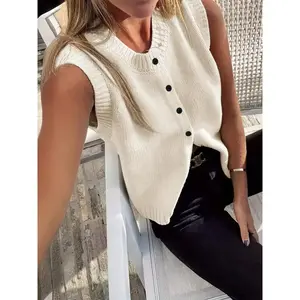 Women’s solid cable-knit button-front sweater vest, casual fitted sleeveless V-neck knitwear for daily wear, ladies’ clothing for all seasons, tops, womenswearGARMENTARY
