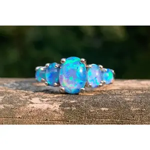 5 Blue Fire Opal Silver Cluster Multi-Stone Ring