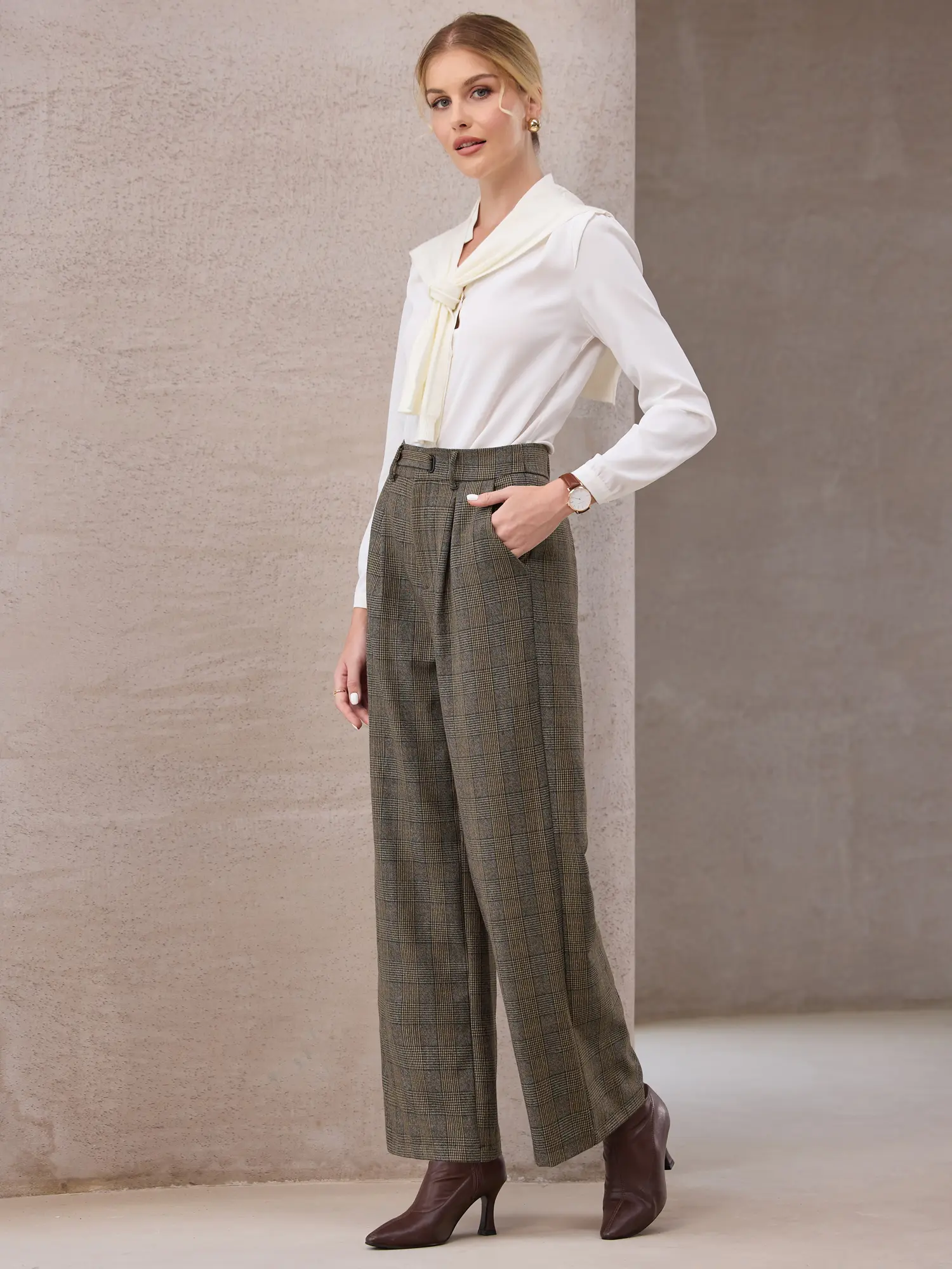INSPIRE CHIC Women's Plaid Work Pant Vintage Houndstooth Wide Leg Straight Long Trousers
