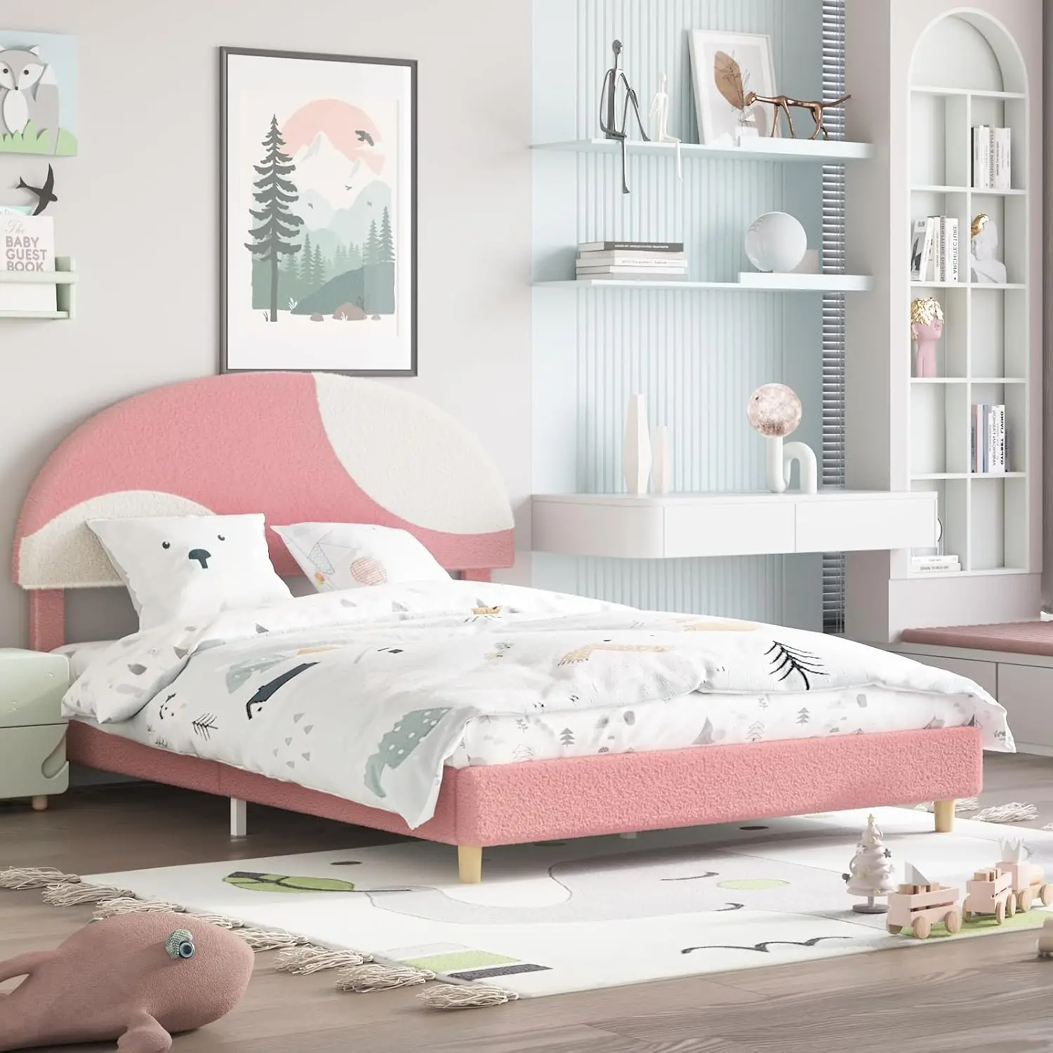 Modern Upholstered Boucle Platform Bed Frame - Soft Curved Cloud Headboard, Sturdy Noise-Free Wooden Slats, No Box Spring Needed, Easy Assembly, Apartment Furniture, Soft Curved Headboard