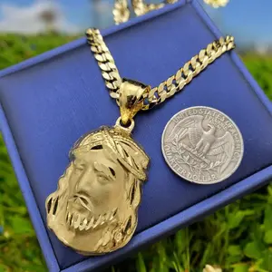 AAA+ High-End Brass Gold Plated Jesus Head Portrait Religious Pendant Charm & 5mm 20" 24" Cuban Chain Necklace 14K Stamped on the Lock, High Quality Polished