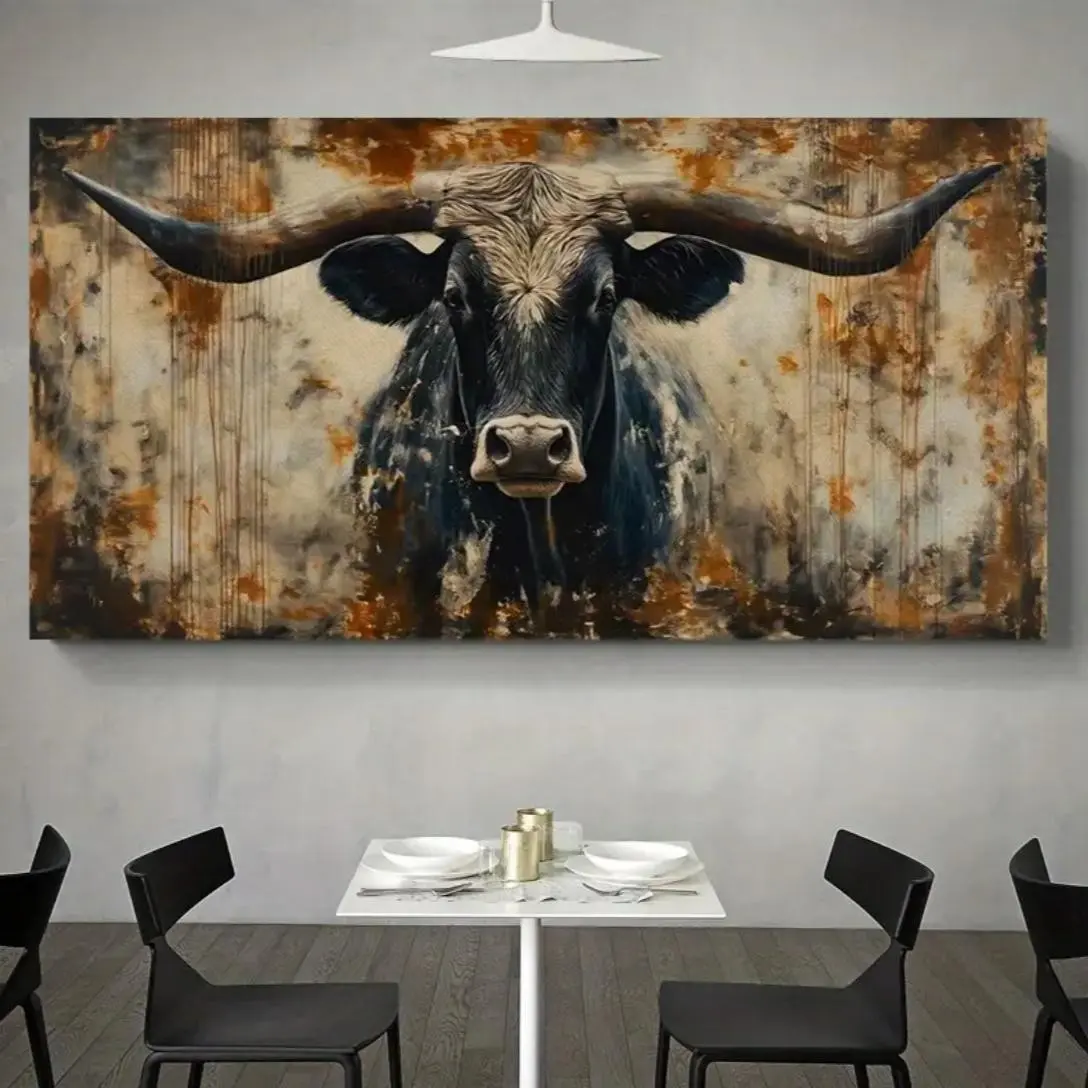 1 Piece of Rural Longhorned Cow Canvas Art Print - Unframed Wall Art - Modern Farmhouse Wall Decoration for Living Room, Bedroom, and Office - Frameless Animal Enthusiast Gift, Abstract Texture and Brush Design, Interior Home Decoration