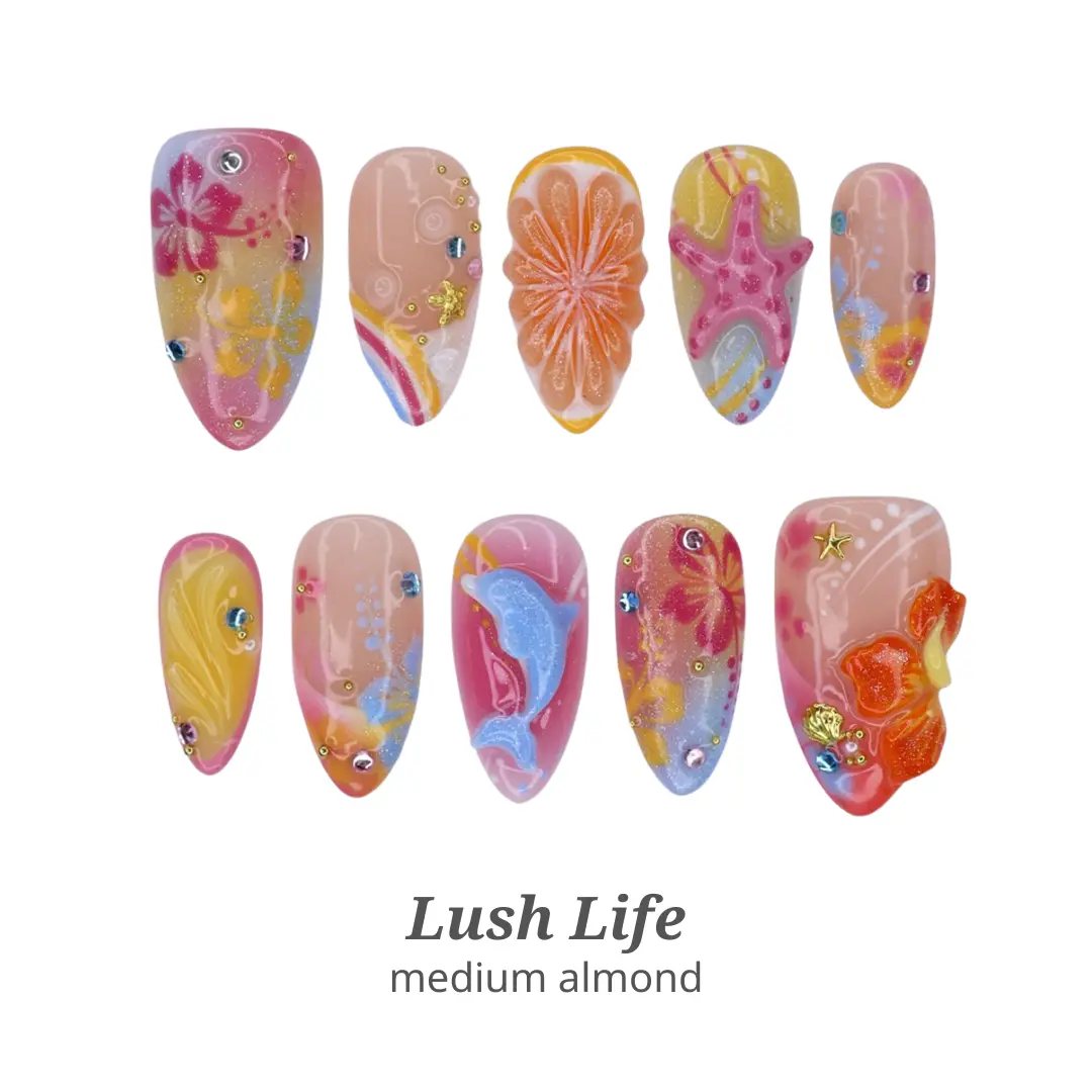 Lilynailsart | Lush Life Press On Nails - Tropical Hibiscus, Dolphin & Starfish Summer Nails - Medium Almond