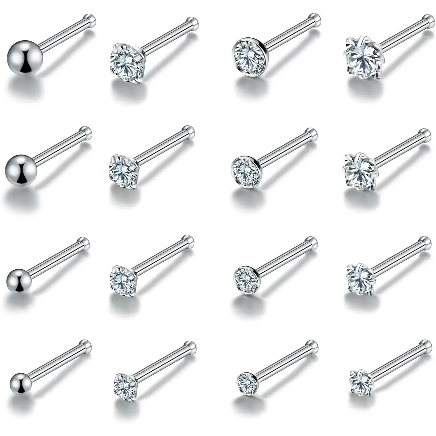 20-Piece Nose Piercings Set, 20G Surgical Steel L-Shape CZ Studs & Hoops in 4 Styles, Hypoallergenic Body Jewelry for Women & Men, Nose Piercings Kit, Daily Wear, Unisex