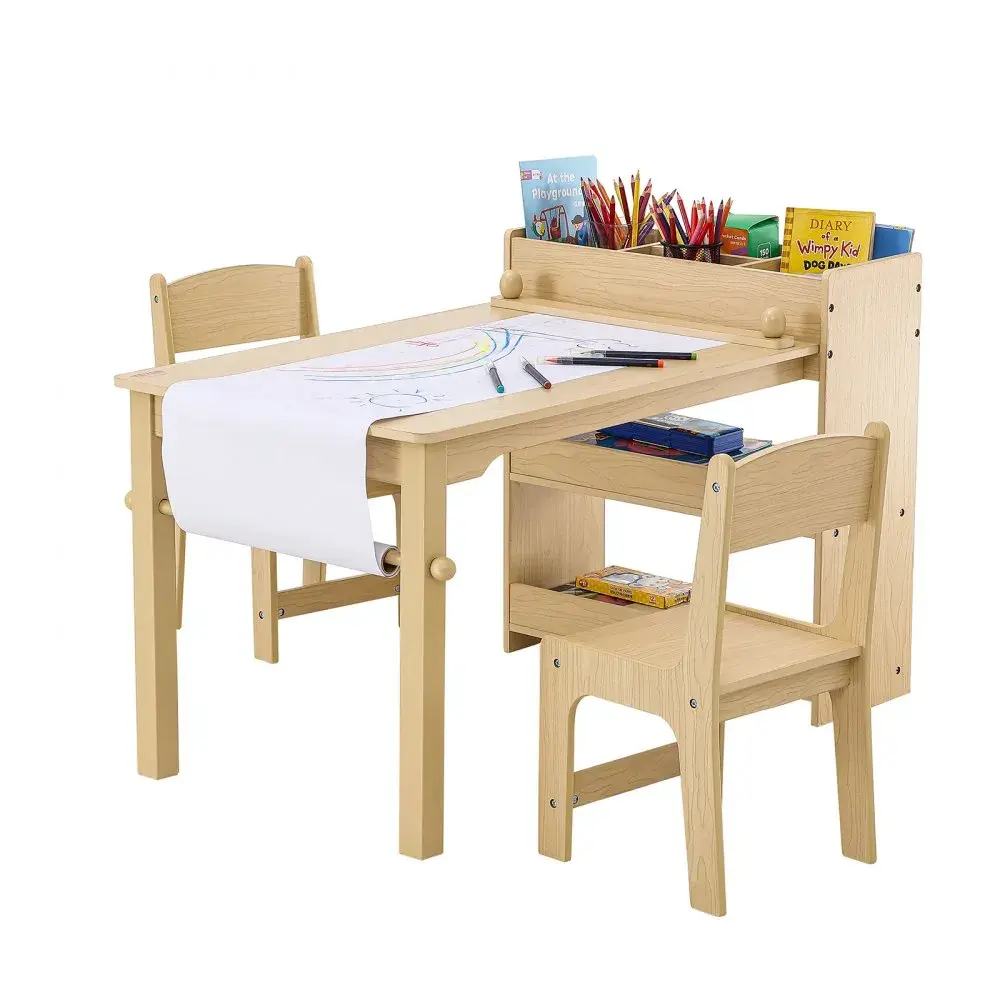 【SummerFinds】VEVOR Kids Art Table and 2 Chairs, 2-in-1 Toddler Craft and Play Activity Table, Wood Toddler Table and Chair Set with A Cabinet for Art, Craft, Reading, Learning