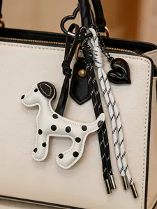 Faux PU Leather Spotted Dog Keychain Dalmatian Dog Bag Charm, Backpack Bag Charms, Black White Polka Dot Pendant with Woven Rope & Heart,Animal Shaped Lanyard Keyring for Dog Enthusiasts Car, Backpack, Handbag Decoration