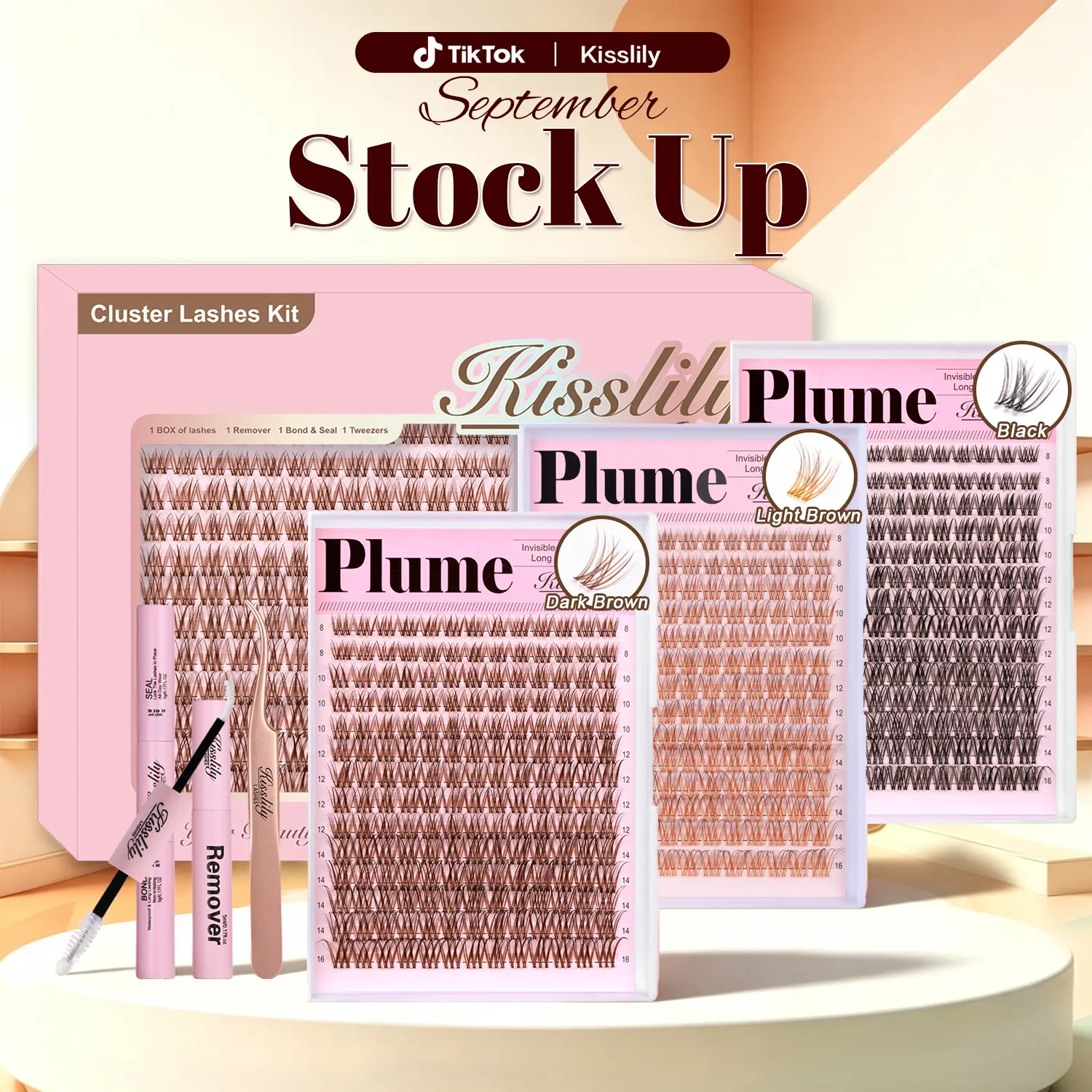 Plume | Kisslily Brown Lash Clusters Invisible Band Natural Lash Extension Kit with Bond & Seal Mascara Look DIY Lashes 8-16mm C Curl D Curl Long Lasting Beginner Friendly #tiktokshopstockup
