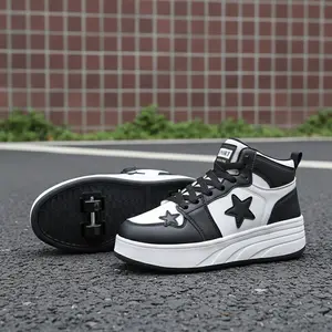 PU Lace Up Round Toe Platform Sneakers Footwear for Women 4-Wheel Hidden Roller Skate Shoes
