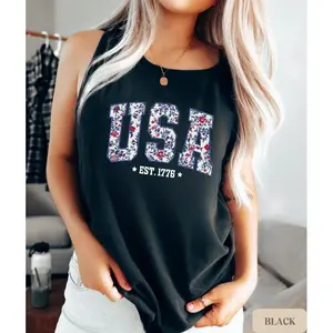 Floral USA Tank, 4th of July Shirt for Women, America Est 1776 Tee, Patriotic Outfit, Summer BBQ Shirt USA Red White Blue Tee