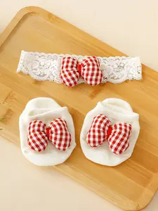 Adorable Bow Knot Socks Set + Hairband, Perfect for Newborns' Full Moon, Birthdays, Daily Wear, Cute Cartoon White Socks, Baby Clothing
