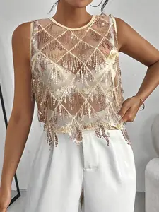 Women's Glitter Sequin Backless Cowl Crop Tank Top, Elegant Fashion Casual Sleeveless Top for Daily Outdoor Wear, Ladies Clothes for All Seasons, Gamis, Womenswear