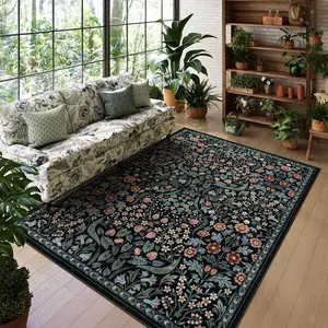 Floral 5x7 Rug for Living Room, Soft Washable Area Rugs for Bedroom, Botanical Thin Stain-Resistant Black Boho Carpet for Dining Room, Guestroom,  Indoor
