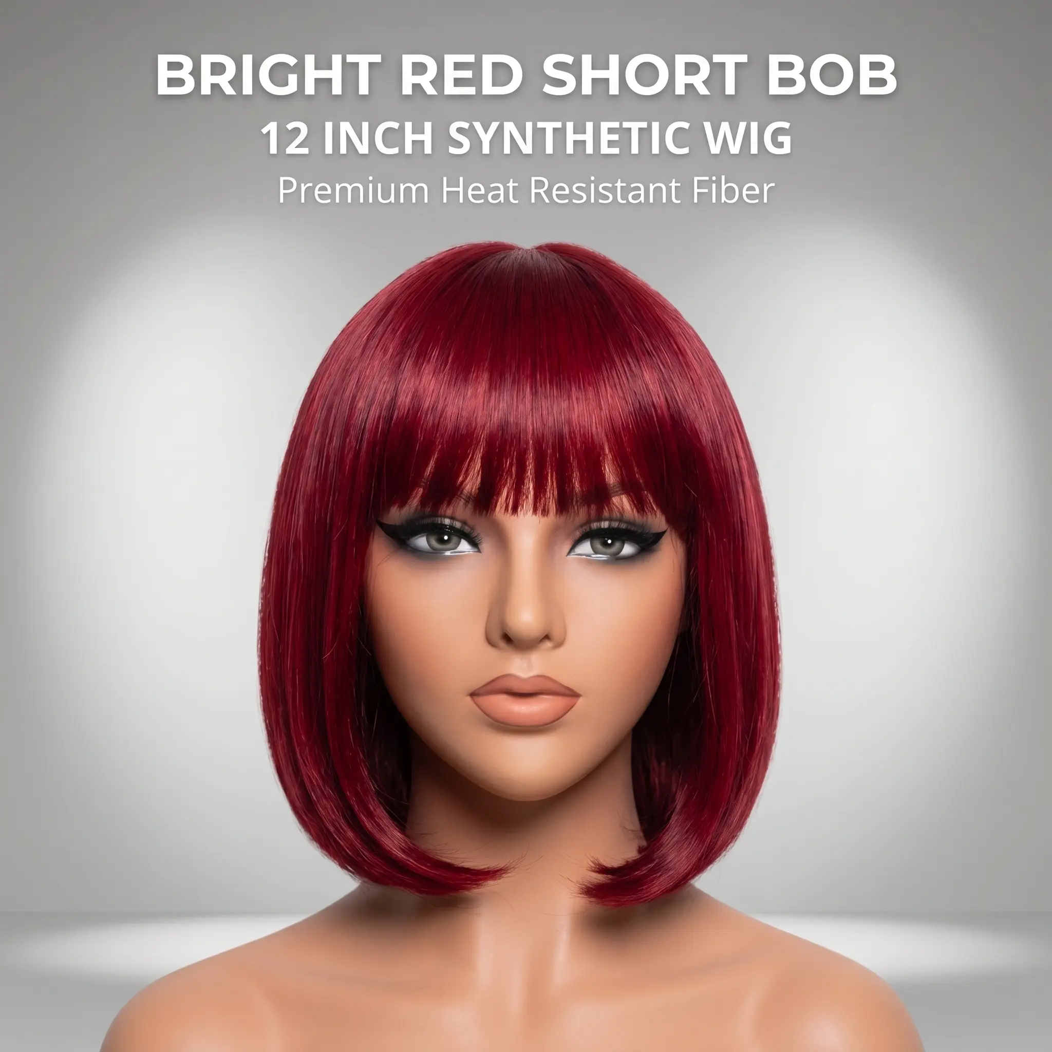 Female 12 In Burgundy Red Short Straight Synthetic Bob Wig with Bangs, Glueless No-Lace Cap, for Daily Wear & Cosplay, Synthetic Bob Wigs, Short Bob
