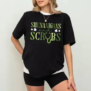 Shenanigans and Scrubs St Patrick’s Day Nurse Shirt, Funny RN Stethoscope Graphic Tee, Lucky Shamrock Medical Shirt, Nurse Life Humor T Shirt, Hospital Staff Gift, Unisex Cotton Top for Women Men