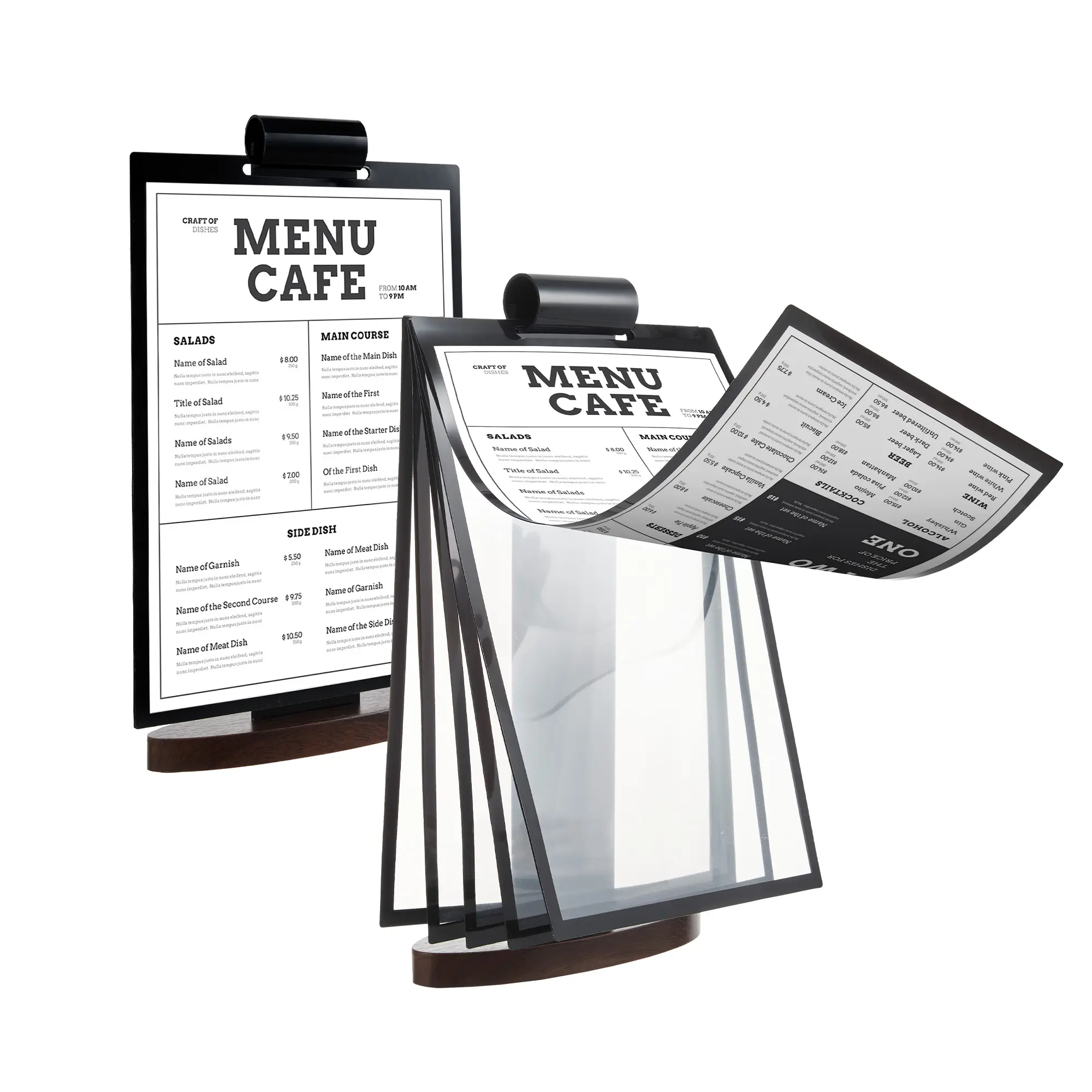 Vertical desktop stand, 2 A4 acrylic flip menu logo stands with walnut base, vertical desktop display stand for restaurant, caf é, shop, office menu posters