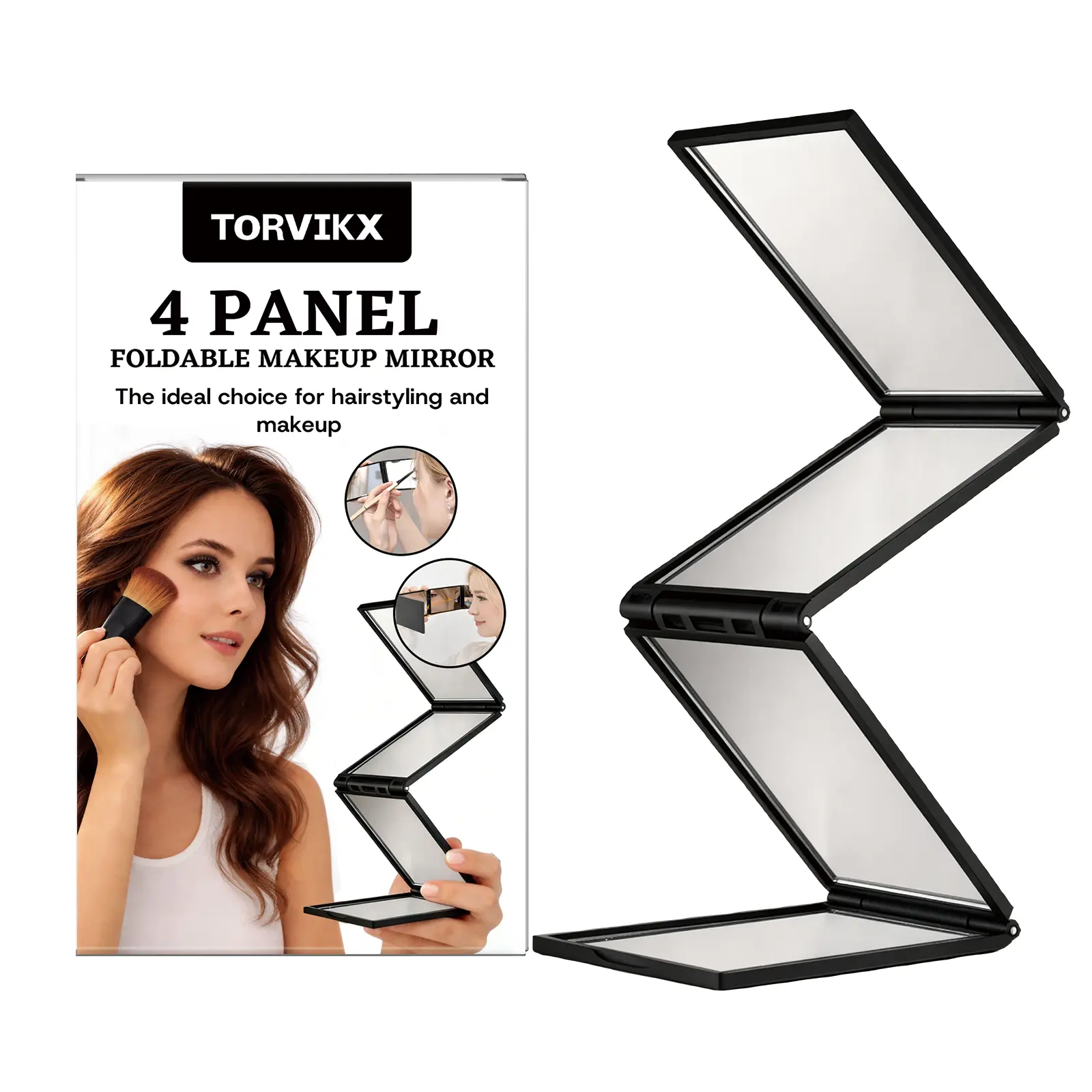 TORVIKX Foldable 4-Way Makeup Mirror Slim Portable Travel Vanity Mirror Multi Panel Adjustable Cosmetic Mirror for Daily Facial Makeup Application
