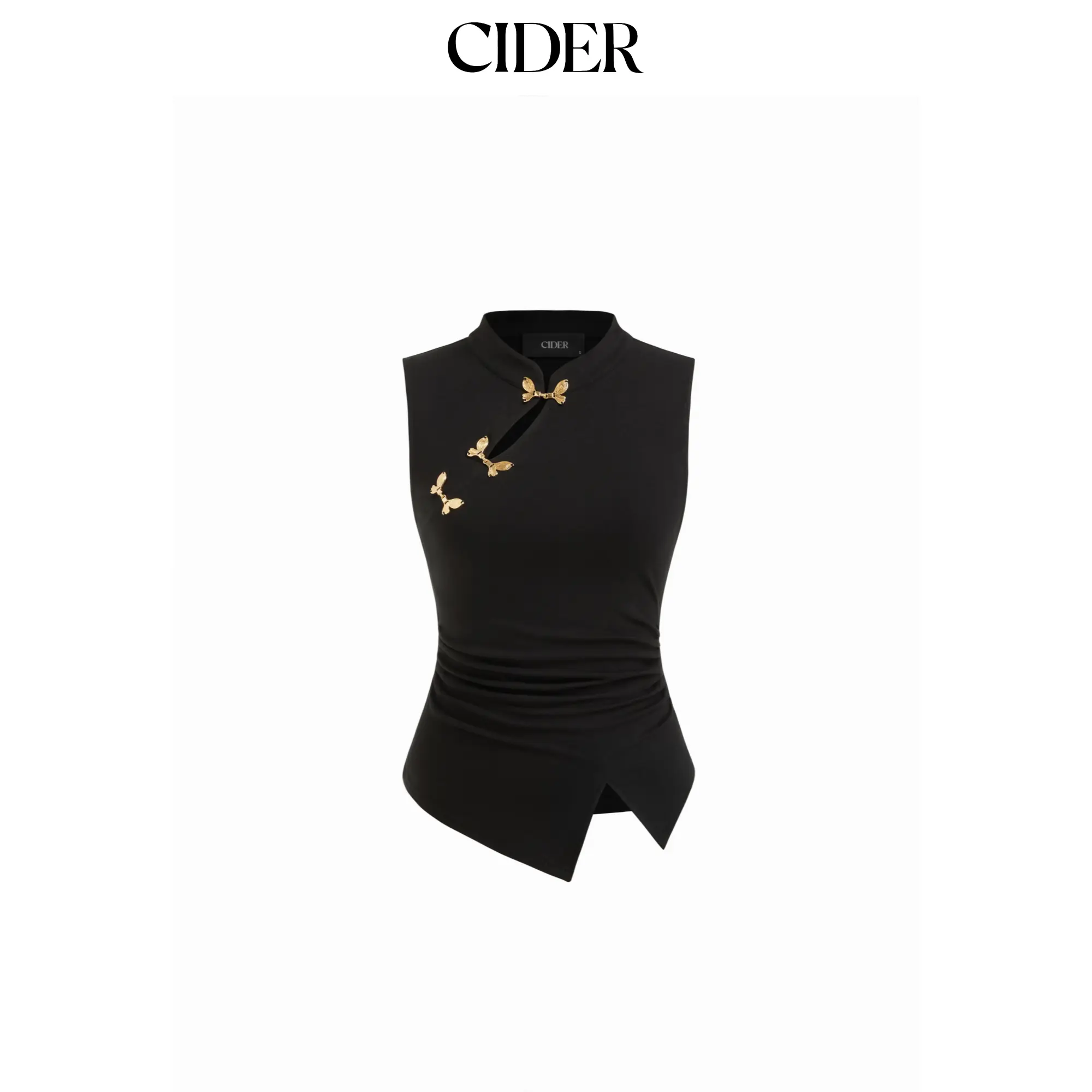 Cider [size 2-10] Mandarin Collar Metal Detail Cut Out Ruched Split Top
