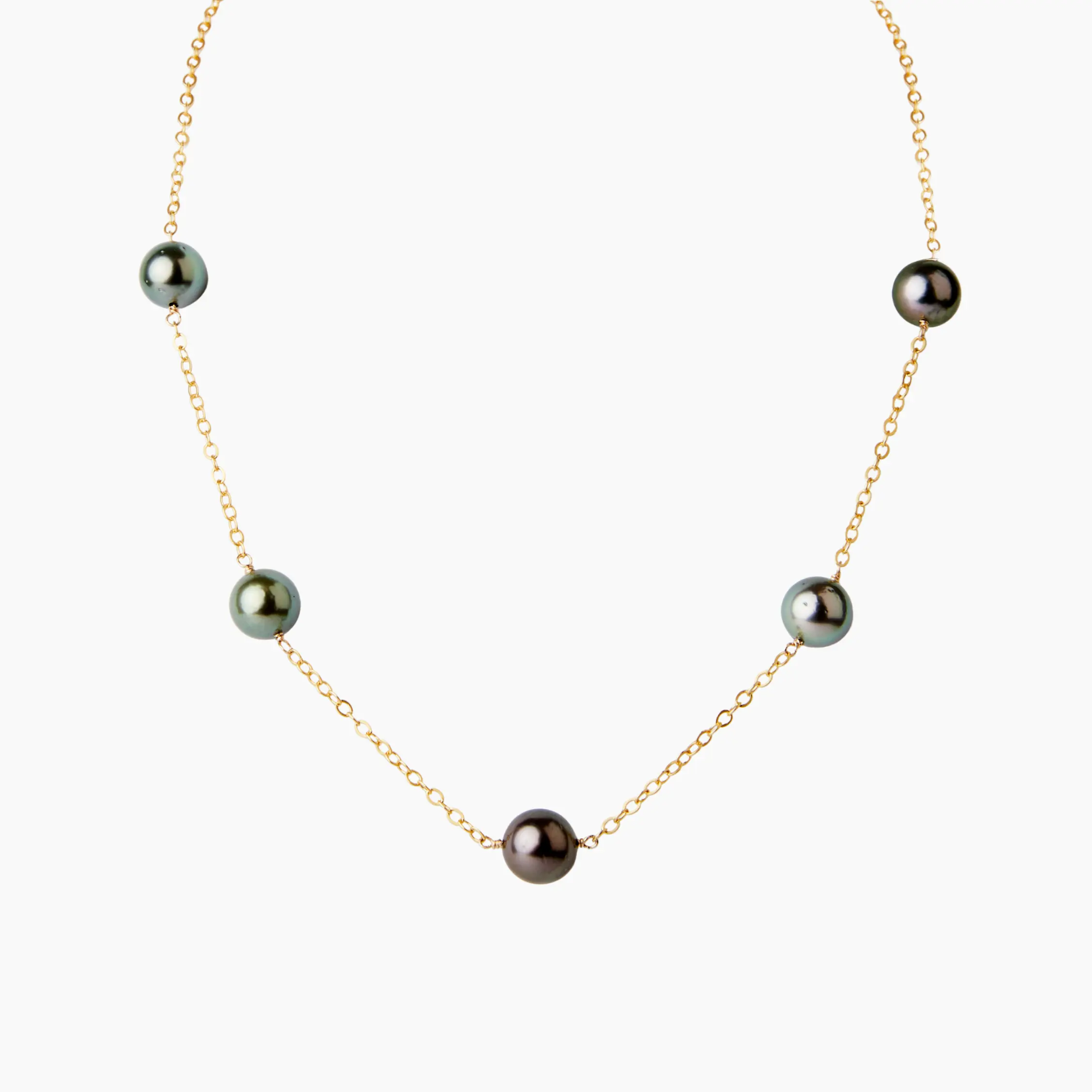 Female Adults' Petite Carmen 8mm Natural Tahitian 5-Pearl Necklace, 16-Inch 14kt Gold Filled Chain, Custom Made, Casual Elegant Pendant Necklace, Natural Pearls