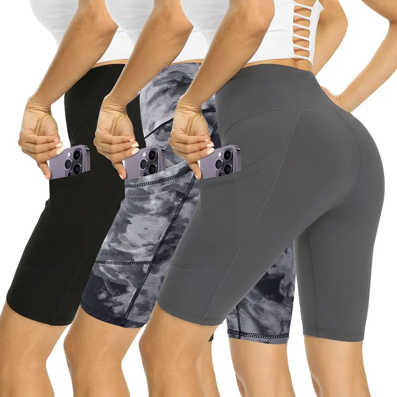 Showitty Women's 1/3 Pack 11" Length High-Waist Stay-Put Waistband Active Cycling Yoga Shorts - Soft, 4-Way Stretch Move, Pocket-Ready Fit, Breathable Gym Bottoms for Summer Workout, Casual Use,sohochic
