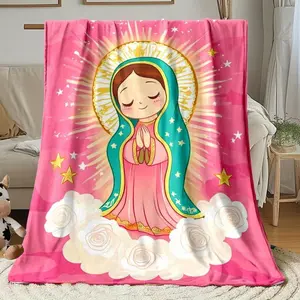 1Pc Anime Virgin Mary & Our Lady Guadalupe Design Soft Flannel Throw Blanket - Lightweight All-Season Fleece Blanket For Camping, Travel, Home - Pastel Pink & Golden Religious Spanish-Inspired Design - Perfect Gift For Anime