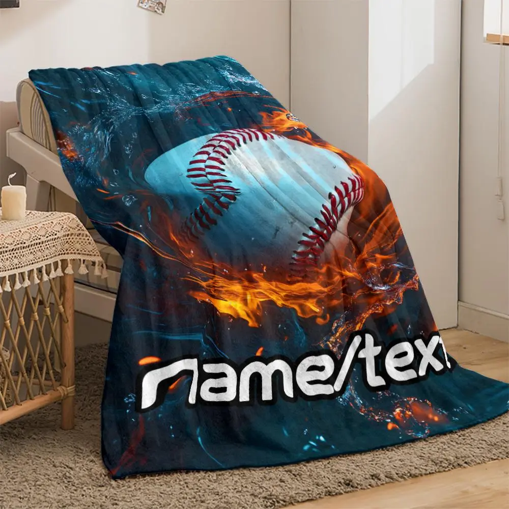 1pc Glam Style Baseball Fireball Design Custom Name Personalized Flannel Blanket - All Seasons Knitted Polyester Throw, Tear Resistant, Digital Print, Soft Warm Lightweight for Sofa, Bed, Travel, Office - 200-250gsm