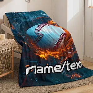 1pc Glam Style Baseball Fireball Design Custom Name Personalized Flannel Blanket - All Seasons Knitted Polyester Throw, Tear Resistant, Digital Print, Soft Warm Lightweight for Sofa, Bed, Travel, Office - 200-250gsm