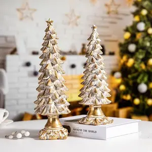 Gold Christmas Tree Figurines Set of 2, Vintage Christmas Decor for Tabletop and Mantle, Xmas Centerpieces