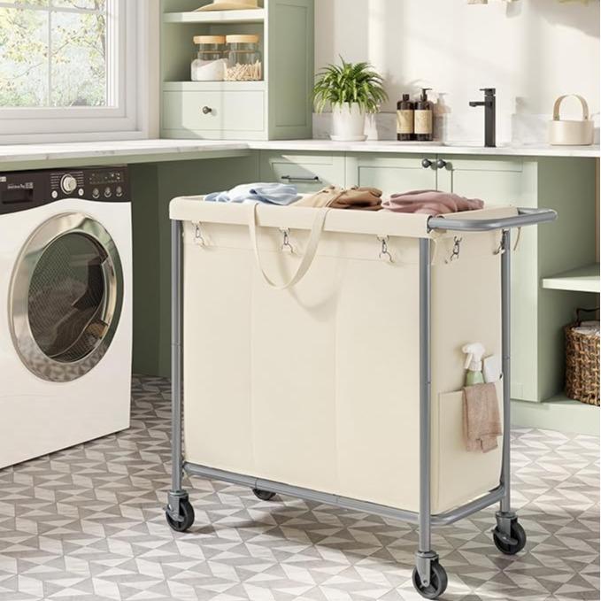 SONGMICS HOME Laundry Basket with Wheels, Rectangular Rolling Laundry Hamper, Removable Liner, Steel Frame with Handle,