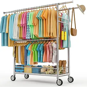 Heavy Duty Clothes Rack Load 960LBS, Three Rods Rolling Clothing Racks for  Clothes, Rolling Garment Rack With Sturdy Wheels Shelves Hooks, Portable & Adjustable Commercial Garment Rack,