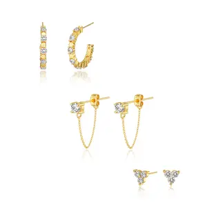 Tewiky 3 Pairs 14K Gold Plated Zircon Earrings / Zircon Ear Chains / Three Zircon Ear Studs Hypoallergenic Earrings for Women Trendy Earring Jewelry Gifts For Valentine's Day gifts