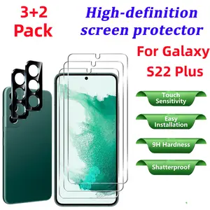 【 3+2 PCS 】 High definition screen protectors, suitable for Samsung Galaxy S22 Plus smartphones, 3 screen protectors with 2 lens protectors, compatible with phone case，bubble free, 9H hardness, wear-resistant，support fingerprint unlocking  Protective
