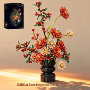 DIY 1416-Piece Stem Building Blocks Dahlia Flower Bouquet Set - Exquisite Craftsmanship, Realistic Design, Assembly Brick Toy, Stress Relief, Ages 8+ Creative Gift, Desk/Home Decor