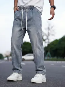 Men's Drawstring Elastic Waist Washed Faded Straight Adjustable Drawstring Jeans with Pocket, Non-Stretch Denim Pants, Comfortable Straight Fit. Size up for a looser fit. Perfect for daily casual wear, a must-have trendy men's pants 🔥