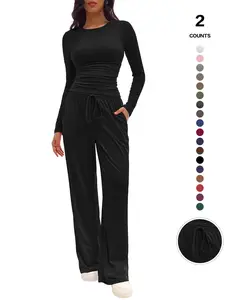 TFNOSIZE Women's Casual Solid Color Round Neck Long Sleeve Top and Wide Leg Pants Set, Comfortable Loose Fit Two-Piece Loungewear, Basic Style for Homewear
